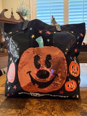 NWOT Disney Black Tote with Sequin Mickey Pumpkin and Stars